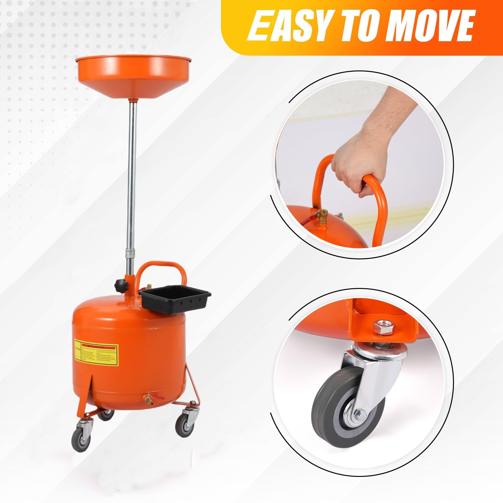 Garvee 8 Gallon Waste Oil Drain Tank, Portable Oil Drain Container with Adjustable Funnel Height (28"-62"), 360° Wheels & Built-in Toolbox, Orange