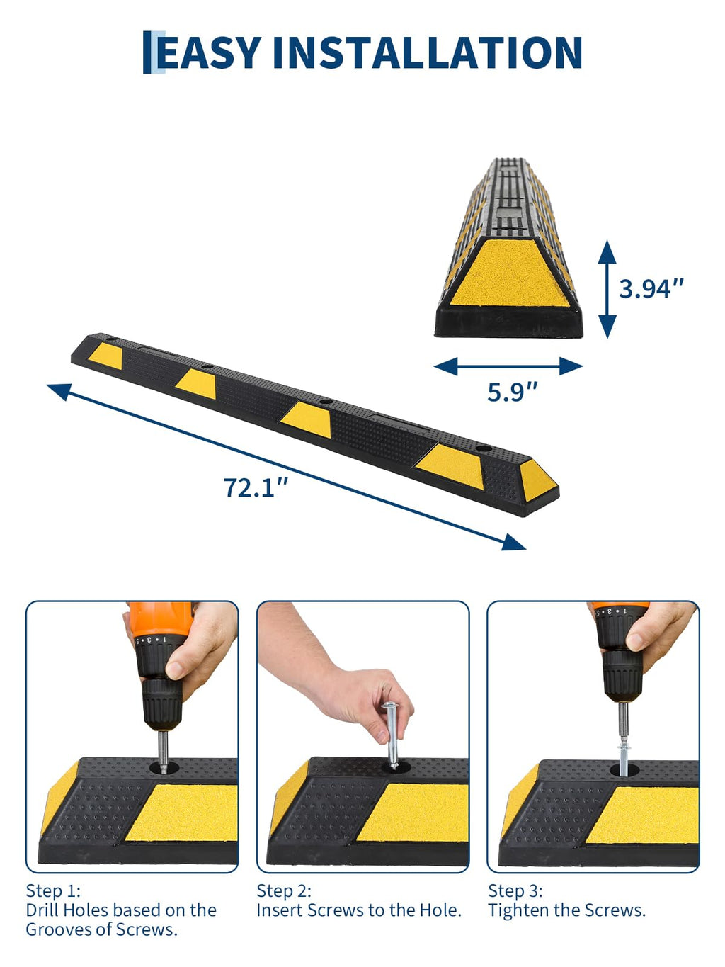 Garvee 72 Inch Heavy Duty Rubber Parking Curb With Reflective Stripes For Garage And Driveway, Yellow Black