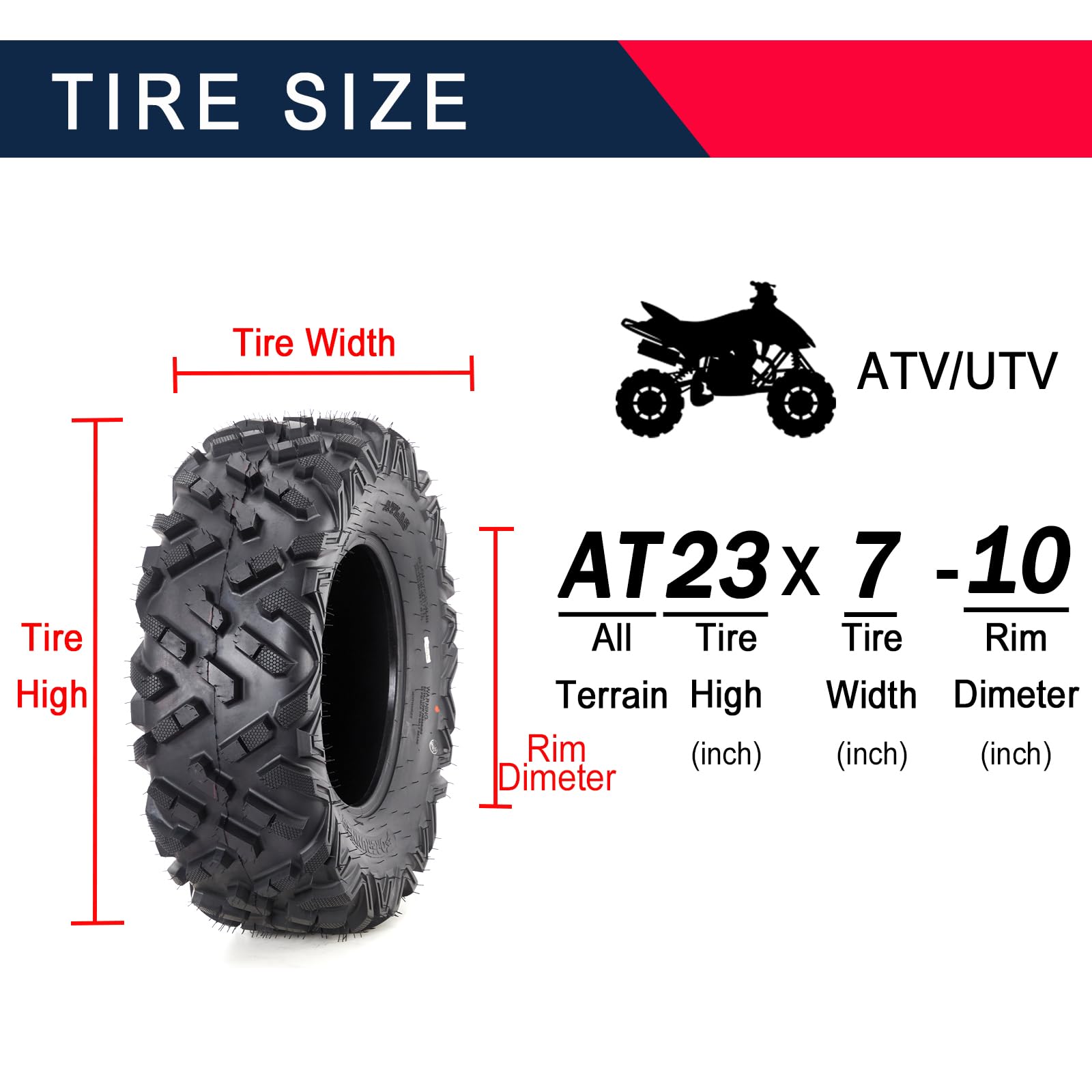 Garvee 23x7-10 ATV Tire 4PR TL, All Terrain Tire for 10x5.5 Rim, 22.5" OD 7" Sidewall, Max Load 235lbs, Fits LCI/SI 30F, Durable Off-Road Quad UTV Tire, Black