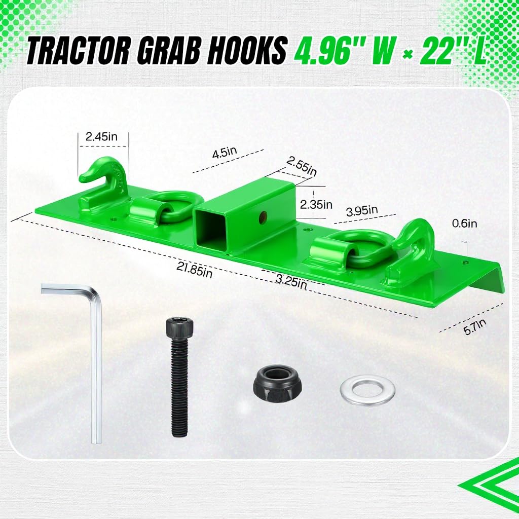 Garvee Heavy Duty Bolt-On Tractor Bucket Grab Hooks with Built-in 2-Inch Receiver and Forged D-Rings – 4,700 lbs Capacity Towing Attachment for John Deere Compact Tractors (22" L x 4.96" W, Green)