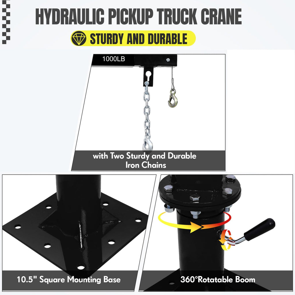 Garvee Hydraulic Pickup Truck Crane - 2000 lbs Capacity Folding Truck-Mounted Bed Crane, Steel Jib Crane Hoist with 360° Swivel for Lifting Goods in Construction and Factories