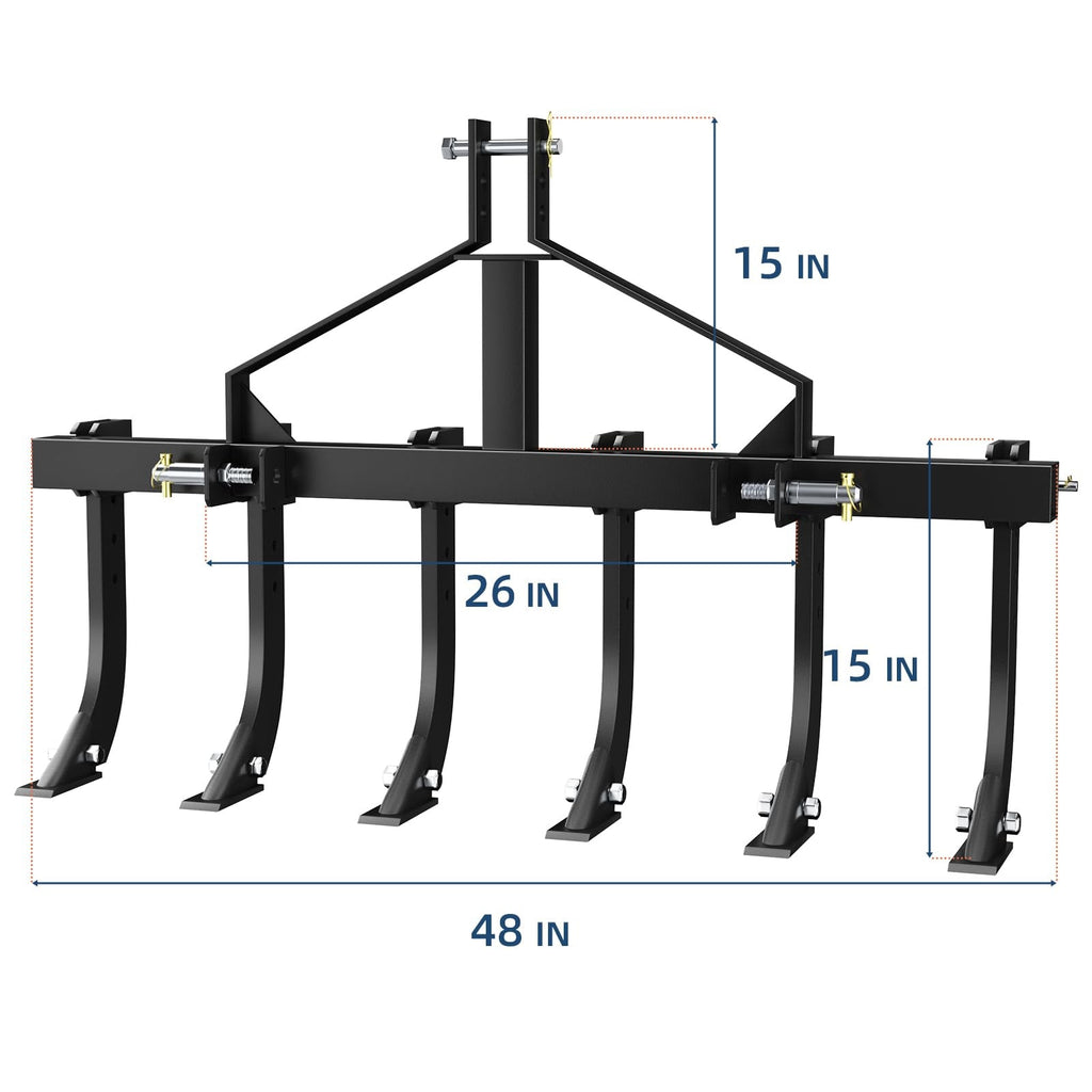 Garvee Plow Scarifier Implement, Removable Tractor Cultivator with 6 Scarifier Shanks, 48 Inches, 3 Point Tiller for CAT-0 & CAT-1 ATV/UTV