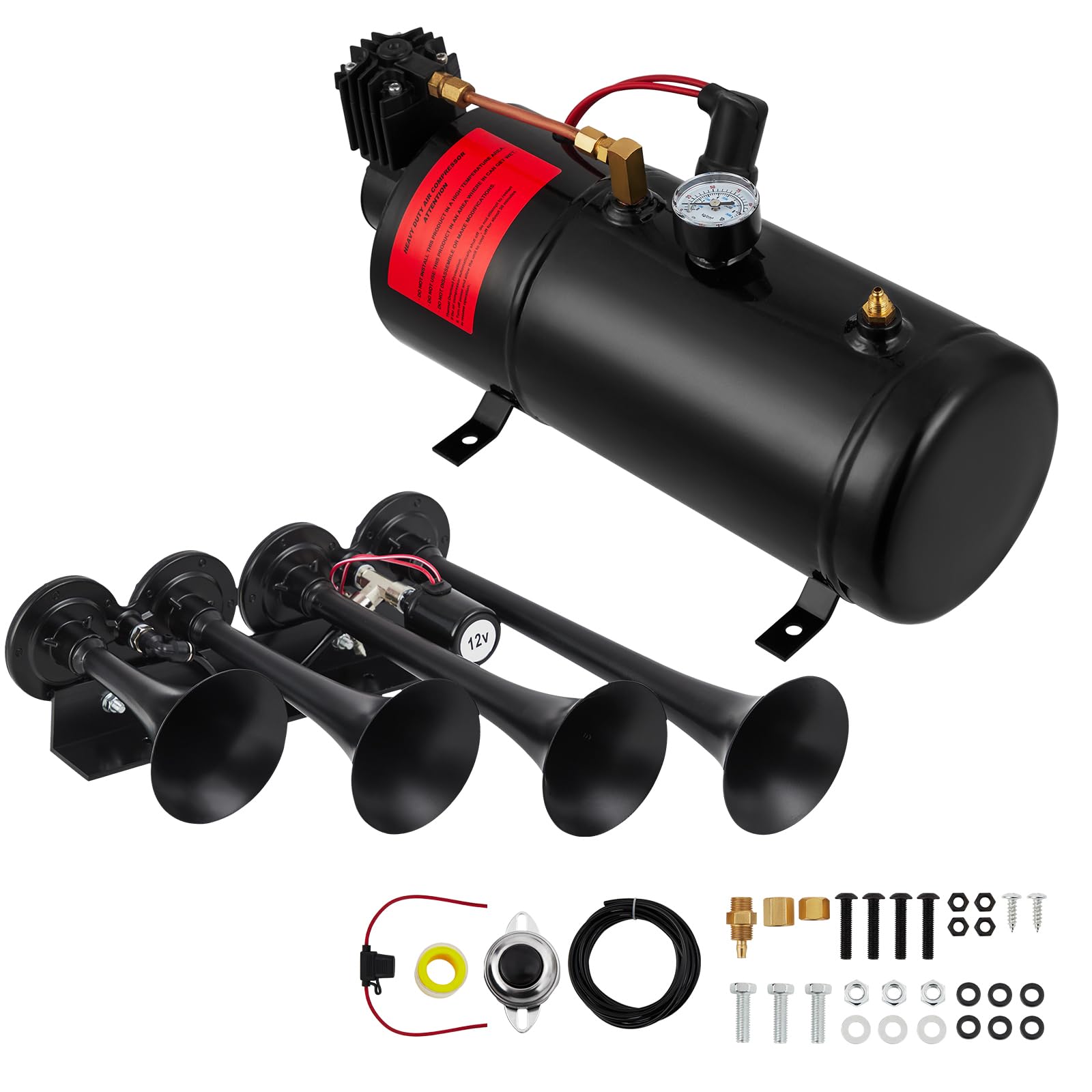 Garvee 4 Trumpets Train Horns Kit, 150 DB Truck Air Horn Kit with 0.8 Gallon Tank & 150 PSI Air Compressor, 12V Train Horns for Pickup Trucks, Car, Motorcycle, Semi, Jeep, RV, SUV, Van, Boats