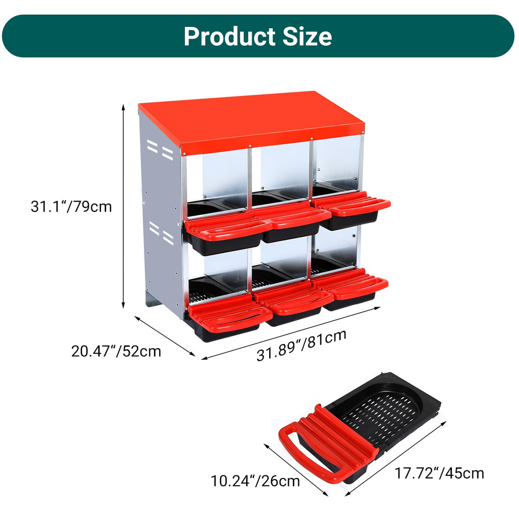 Garvee 6-Compartment Chicken Nesting Box, Roll-Away Egg Collection Box with Perch, Protective Lid & Removable Trays, Wall-Mount Coop Nest Box, Red