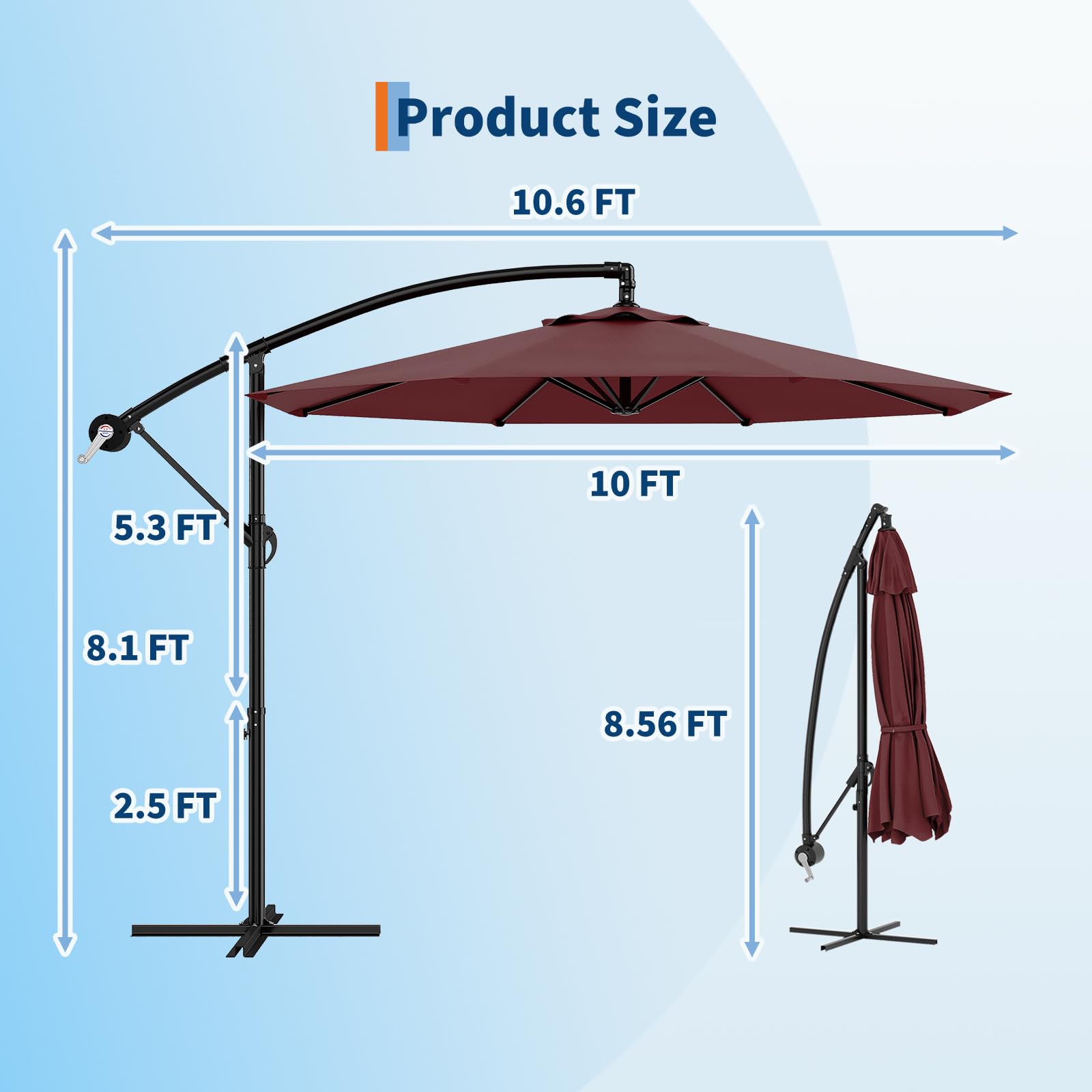 Garvee 10' Offset Patio Umbrella, Cantilever Umbrella with Easy Lift & Tilt Adjustment, 8 Ribs Sun Umbrella UV Protection, Wine Red