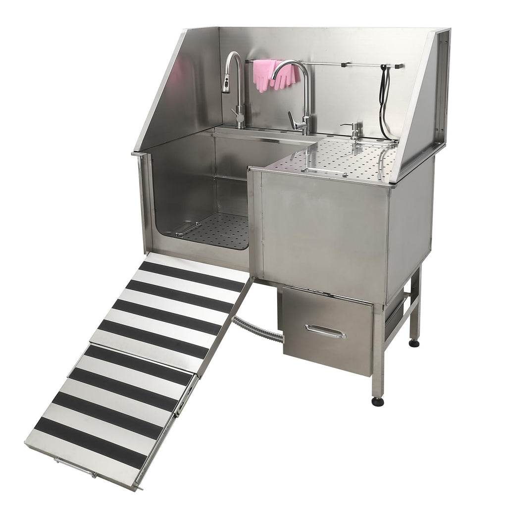 Garvee Professional Dog Grooming Bathing Station, Stainless Steel Dog Bathtub with Foldable Ramp, Storage Drawer, Floor Grate & Faucet/Dog Bathtub for Large, Medium & Small Pets - Left Door (50")
