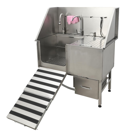 Garvee Professional Dog Grooming Bathing Station, Stainless Steel Dog Bathtub with Foldable Ramp, Storage Drawer, Floor Grate & Faucet/Dog Bathtub for Large, Medium & Small Pets - Left Door (50")