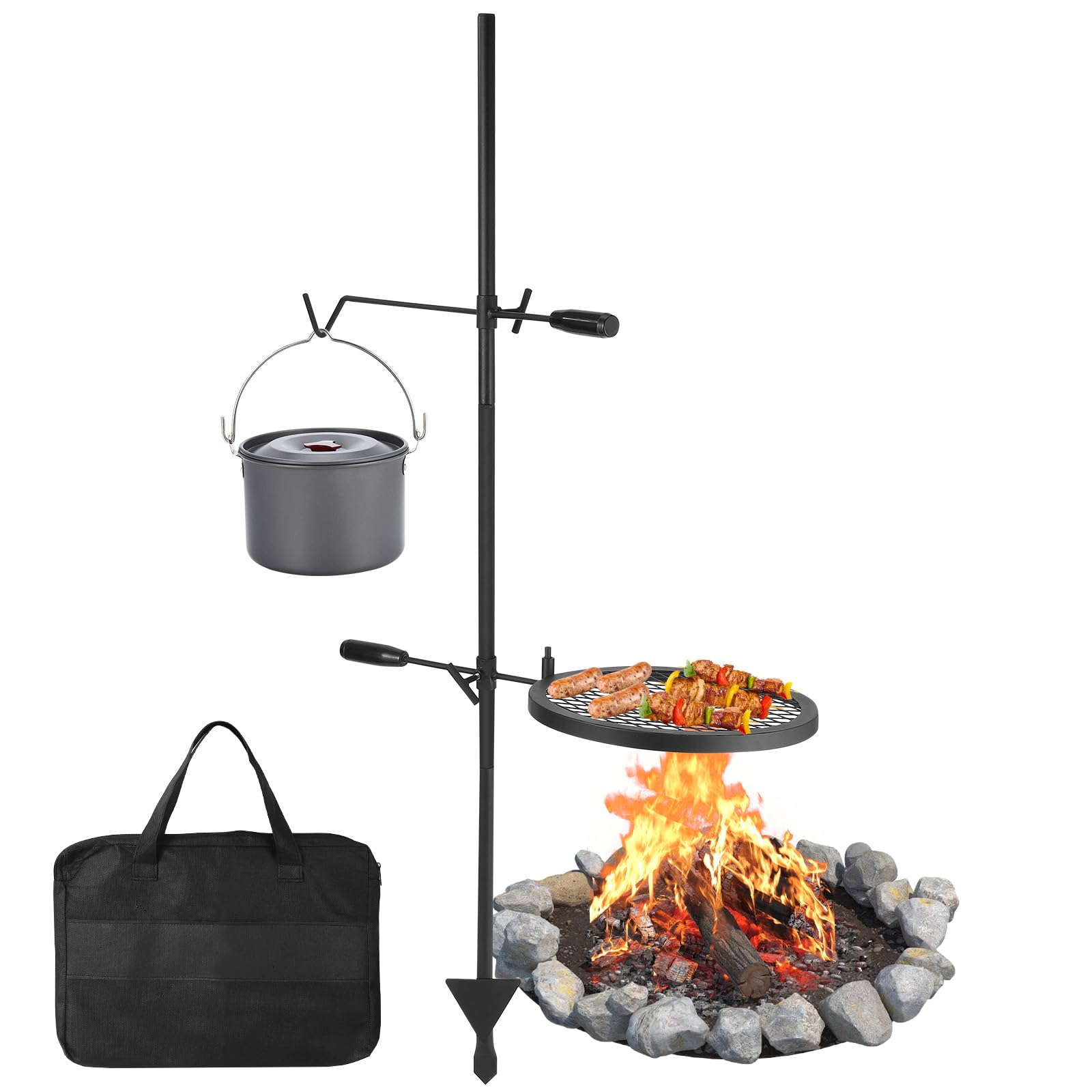 Garvee Campfire Grill Grate, 13.4" Open Fire Grate Fire Pit, Portable Campfire Barbecue Rack, Grill Cooking Equipment for Camping Outdoor Camp Fire with Height Adjustable Swivel Grill Grate and Hanger Rod