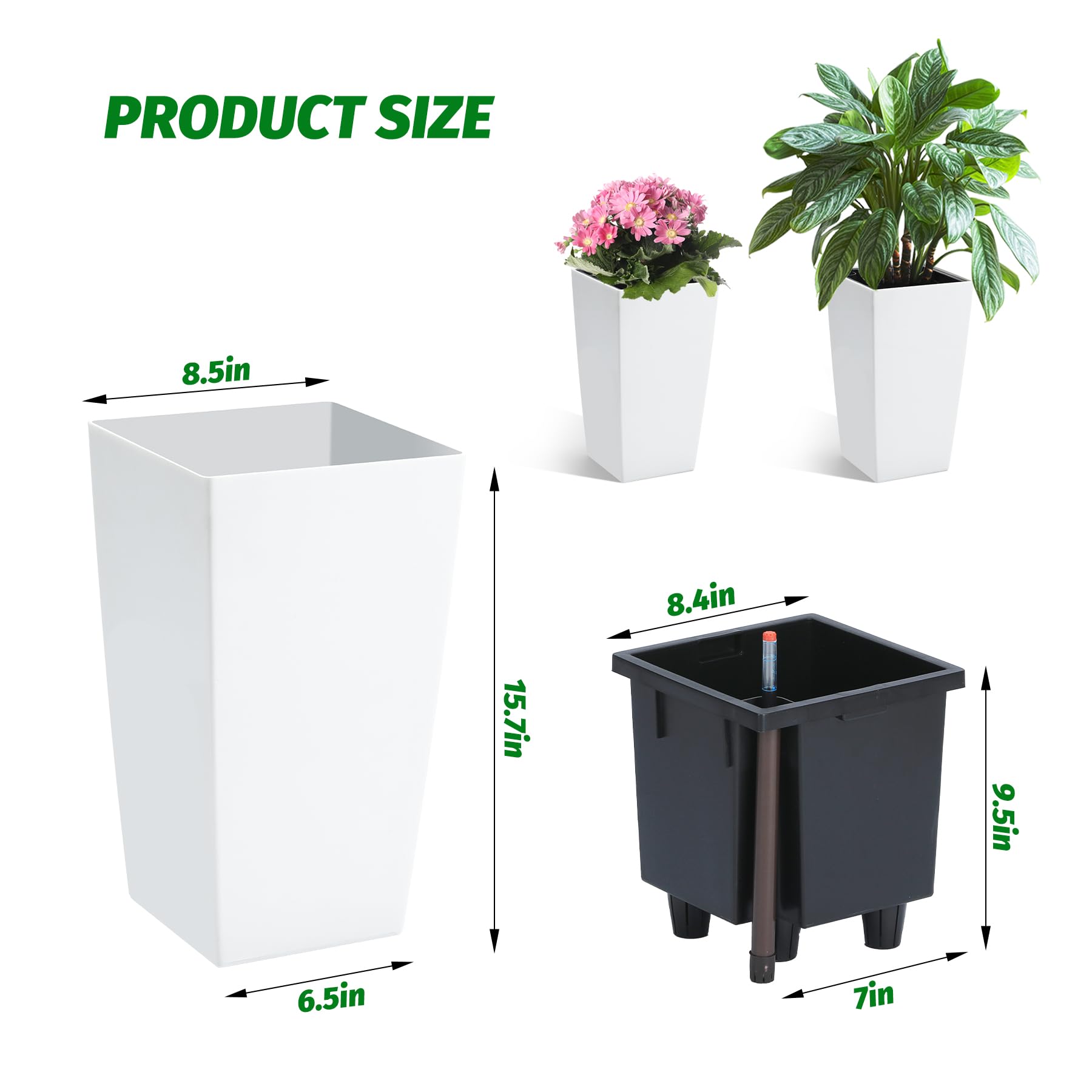 Garvee 16 Inch Tall Rectangular Planters Set of 2 Large Modern Plant Pots with Drainage Holes＆Water Level Monitor＆Wheels Outdoor and Indoor for Patio, Porch, Living Room, or Home Office, White