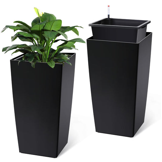 Garvee 30" Tall Planters Set of 2 - Heavy Duty Indoor/Outdoor Pots with Drainage Holes, Water Level Monitor & Automatic Watering, Black