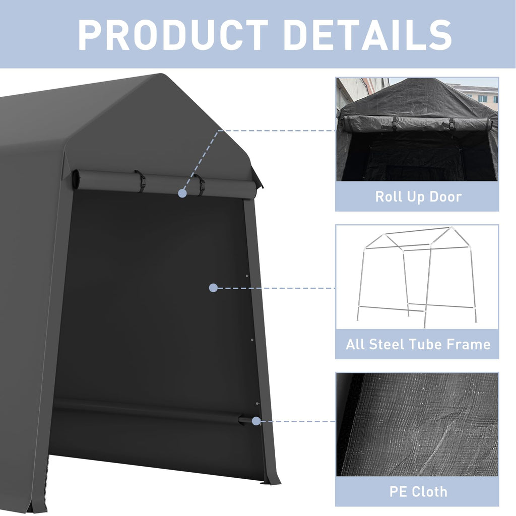 Garvee 7X12FT Heavy Duty Outdoor Shed,Portable Storage Shed,with 2 Rolled Up Zipper Doors,Vents Carports & Waterproof Cover Temporary Shelter for Motorcycle,Gardening Tools and Generator(black)