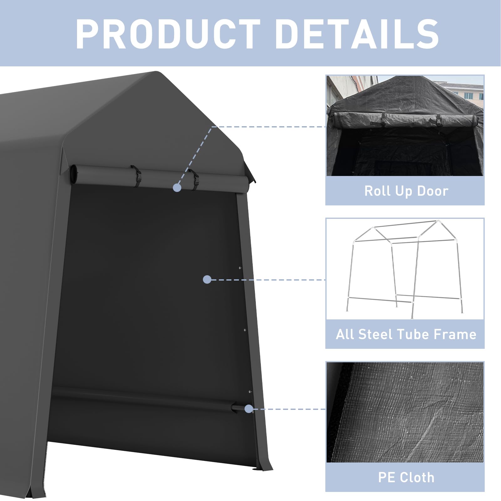 Garvee 7X12FT Heavy Duty Outdoor Shed,Portable Storage Shed,with 2 Rolled Up Zipper Doors,Vents Carports & Waterproof Cover Temporary Shelter for Motorcycle,Gardening Tools and Generator(black)