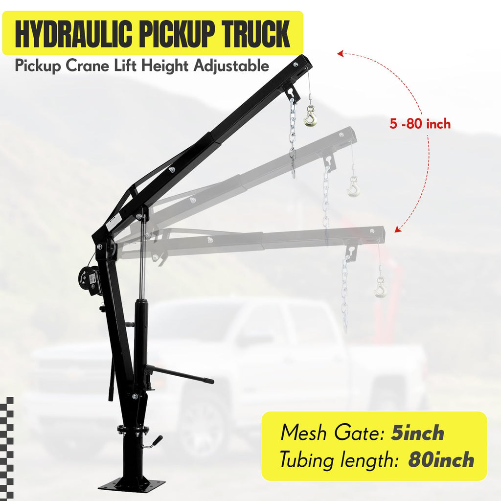 Garvee Pickup Truck Crane with Hand Winch, 2000 LBS Capacity, 360° Swivel Jib Engine Hoist, Folding Electric Winch, Black - Construction, Forestry, Factory Use