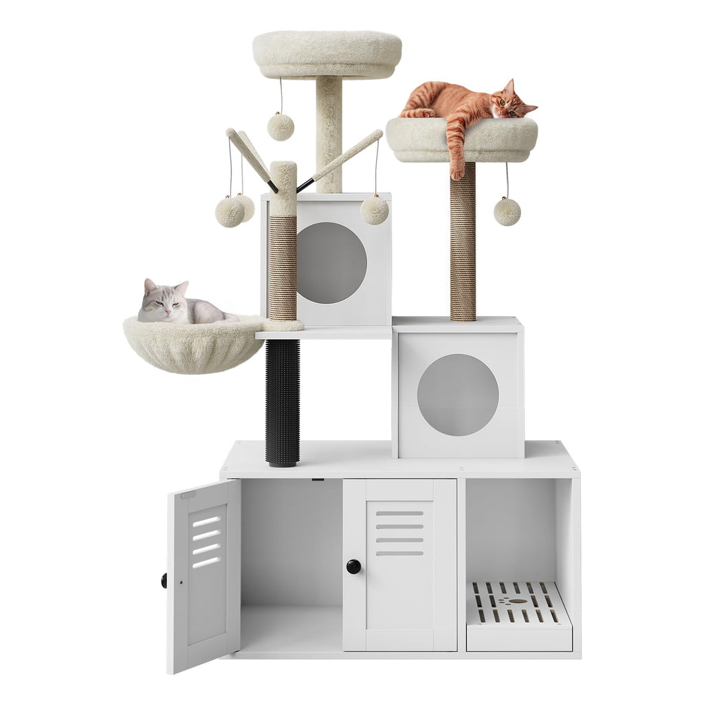 Garvee 54.3" Cat Tree Tower with Hidden Litter Box Enclosure, Modern 2-in-1 Cat Condo, Multi-Cat Homes, Greige & Beige