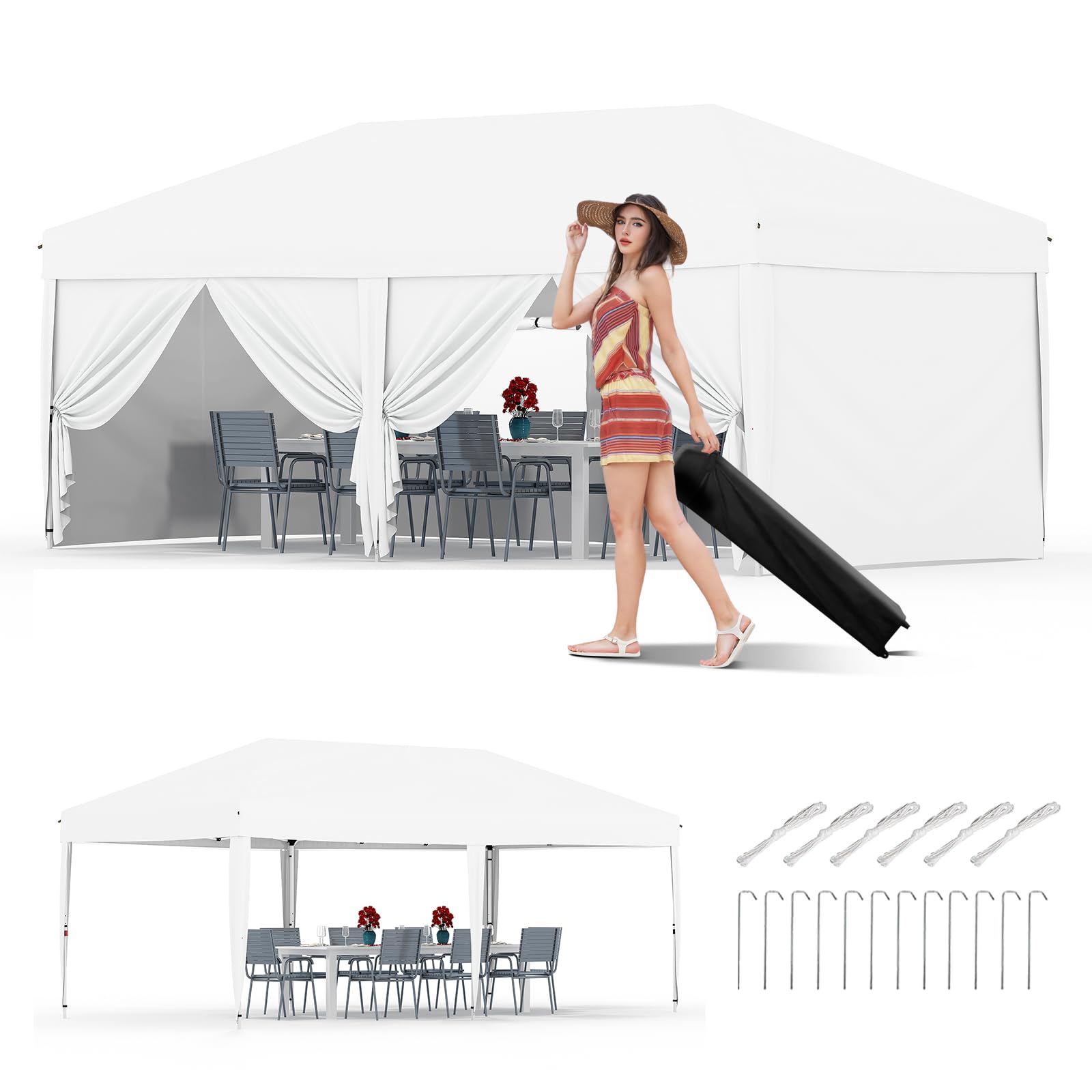 Garvee 10'x20' Pop Up Canopy Tent Outdoor Canopy One-Person Set Up Heavy Duty Commercial Instant Tent Shelter, 6-Sidewall+White
