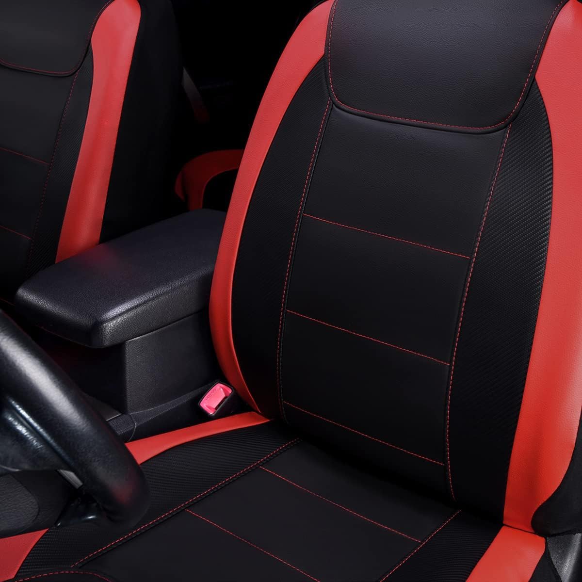 Garvee 9-Piece PU Universal Car Seat Covers, PU Leather with Stitching, Black and Red, Durable, Easy to Install