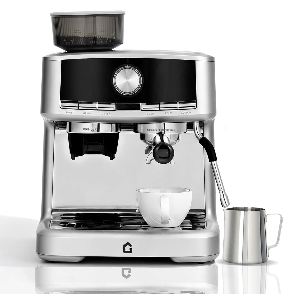 Garvee 20 Bar Pressure Espresso Machine with Grinder, Milk Frother for Home/Office, 1.5L Removable Tank, Silver