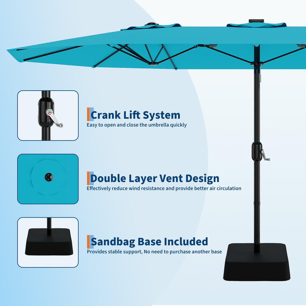 Garvee 15' Large Patio Umbrella with Base, Outdoor Double-Sided Rectangle Market Umbrella Outside Umbrellas for Poolside Lawn Backyard, Misty Blue