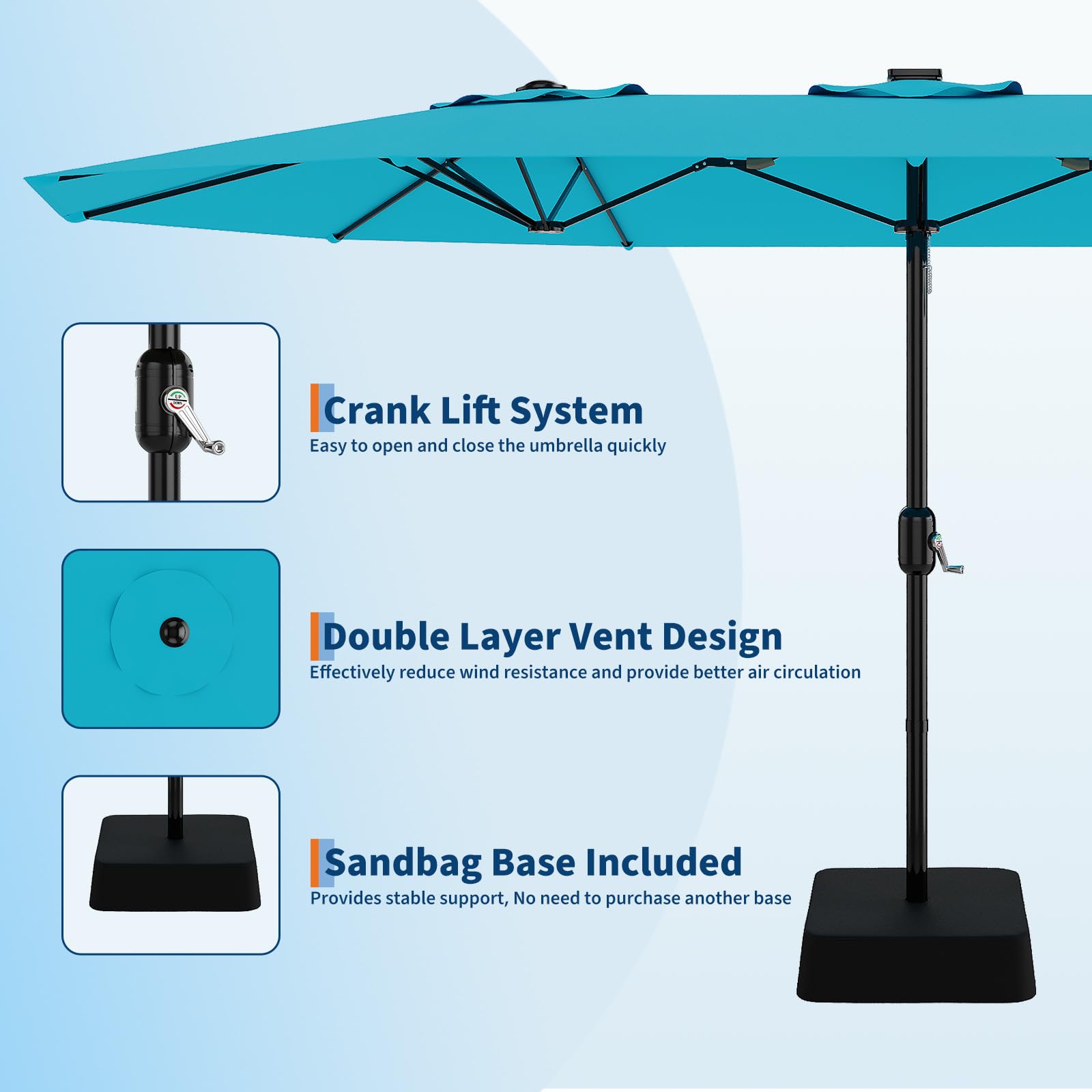 Garvee 15' Large Patio Umbrella with Base, Outdoor Double-Sided Rectangle Market Umbrella Outside Umbrellas for Poolside Lawn Backyard, Misty Blue