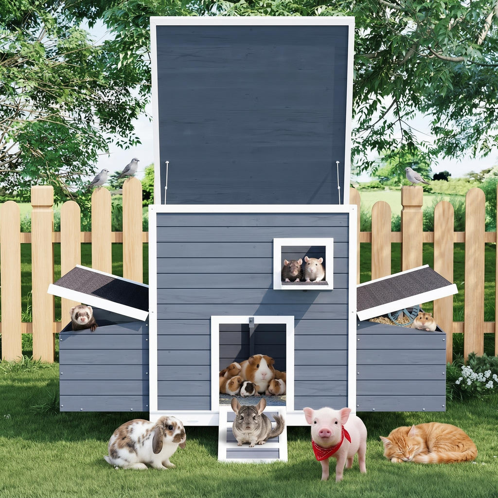 Garvee Large Wooden Small Animal House Outdoor, Weatherproof Pet Shelter for Rabbits, Chickens, Ducks & Small Pets with Nesting Box & Lockable Doors