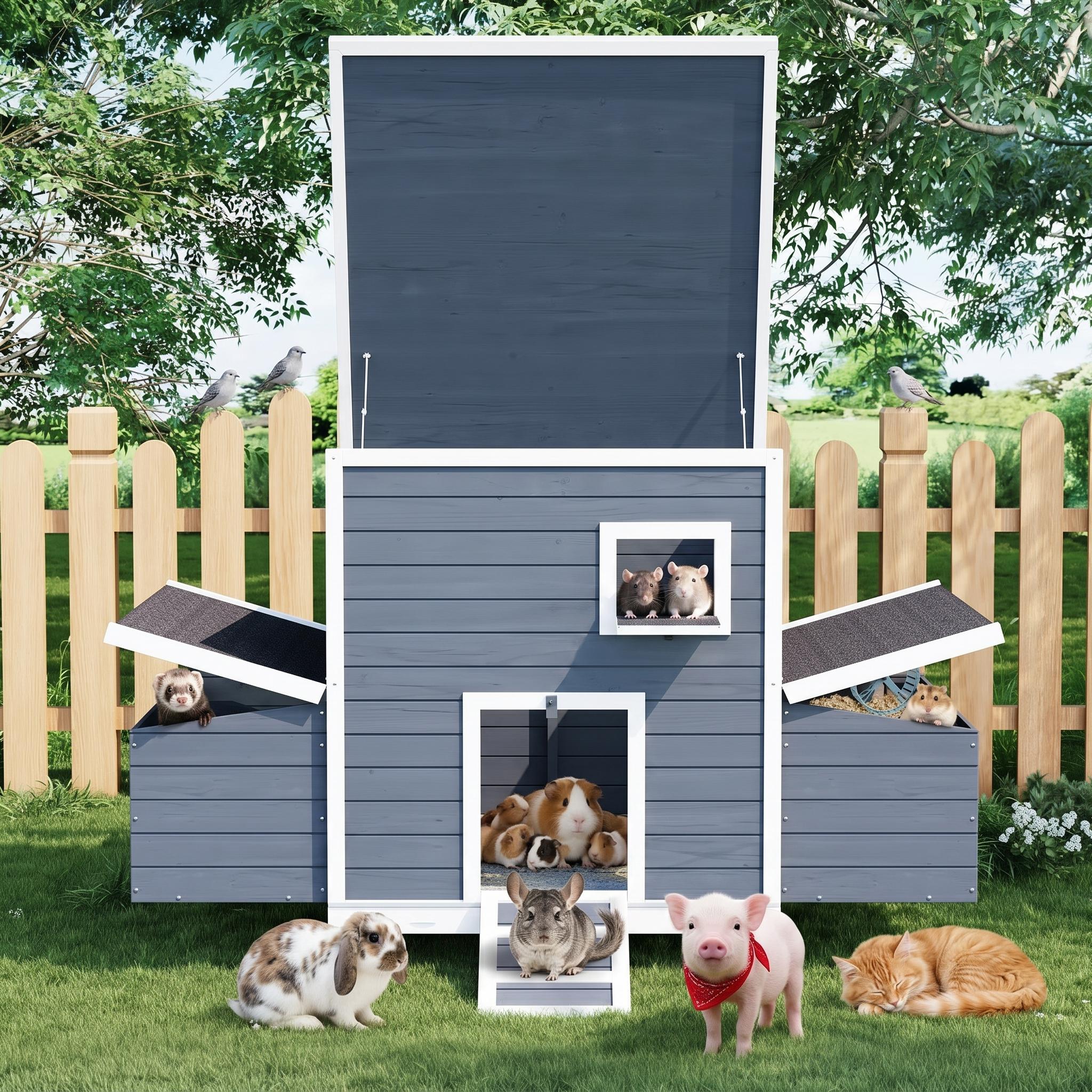 Garvee Large Wooden Small Animal House Outdoor, Weatherproof Pet Shelter for Rabbits, Chickens, Ducks & Small Pets with Nesting Box & Lockable Doors