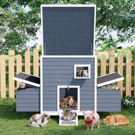 Garvee Large Wooden Small Animal House Outdoor, Weatherproof Pet Shelter for Rabbits, Chickens, Ducks & Small Pets with Nesting Box & Lockable Doors