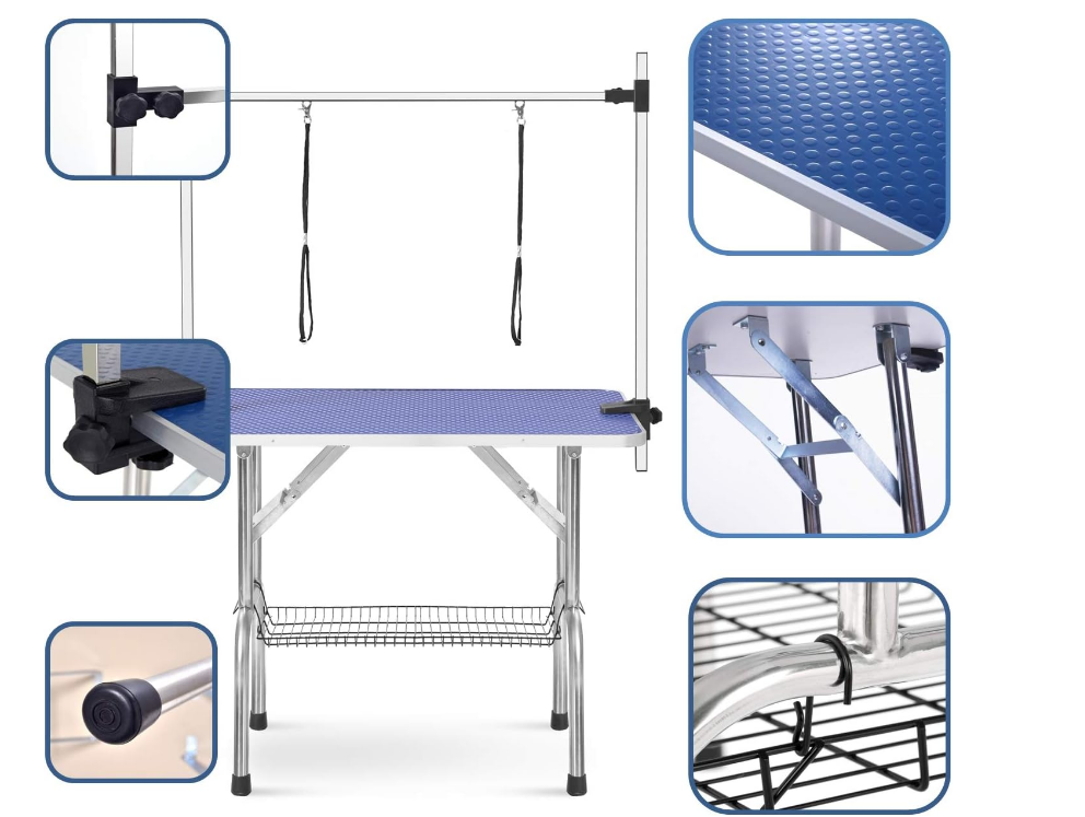 Garvee 36" Dog Grooming Table,Portable Trimming Table Drying Table,Foldable Home Pet Bathing Station with Adjustable Height Arm,Nooses, Mesh Tray Blue