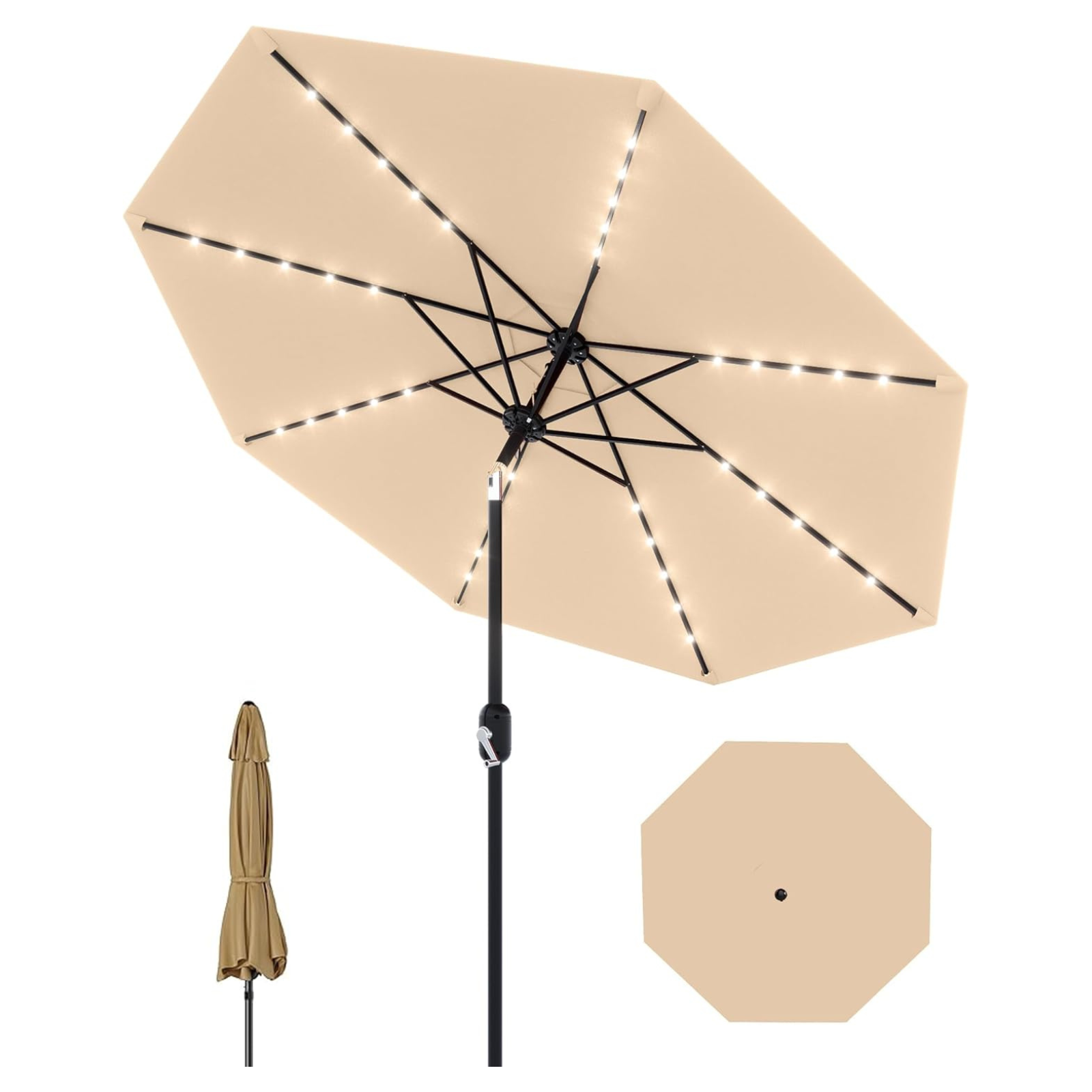 Garvee 9FT Solar LED Patio Umbrella with 32 Lights, Tilt & Crank Outdoor Market Umbrella, UV & Water Resistant, 8 Ribs Sunshade for Garden, Deck, Pool & Table, Tan