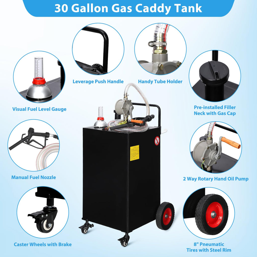 Garvee 30 Gallon Stainless Steel Portable Fuel Caddy, Manual Pump & 4 Wheels - Red / 30 Gallon