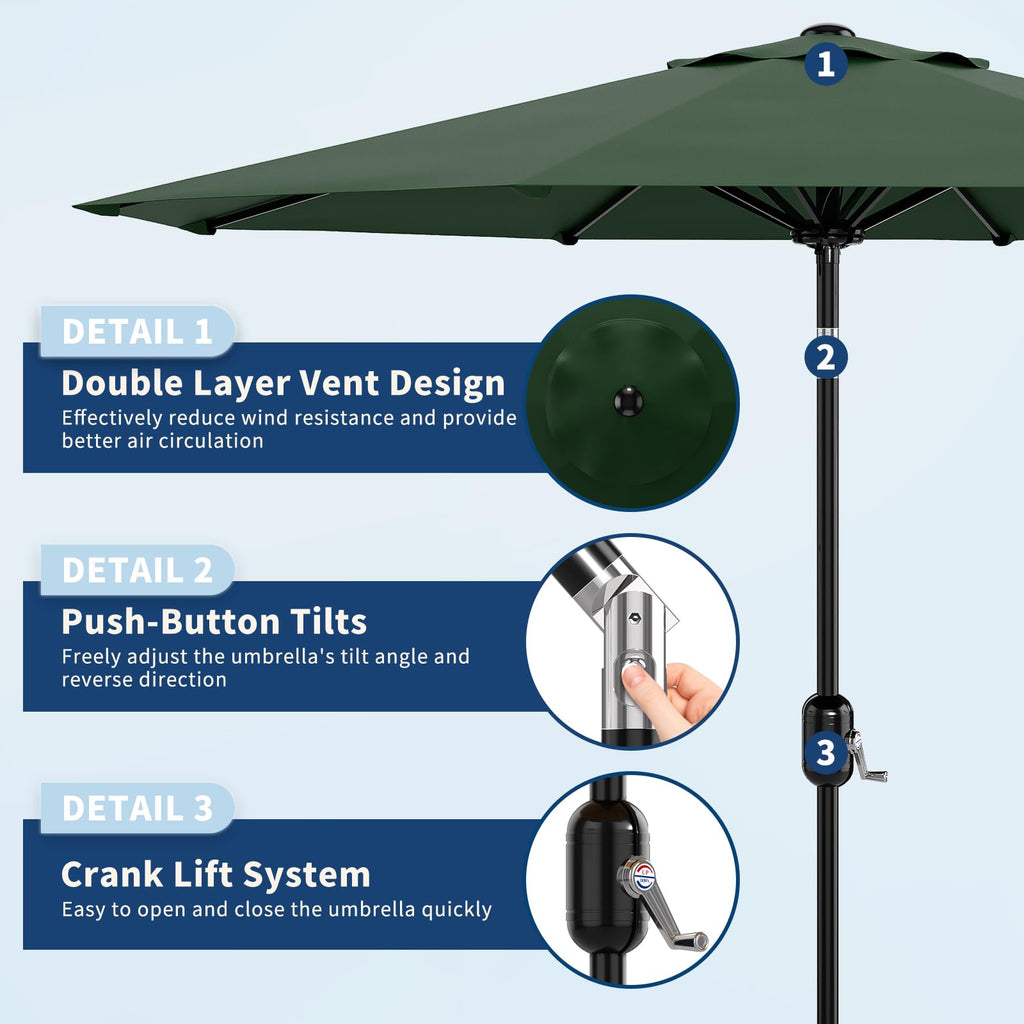 Garvee 10' Patio Umbrella with Crank Lift & Push Button Tilt, Table Umbrella Outdoor Patio 8 Sturdy Ribs for Yard, Deck, Pool, Dark Green