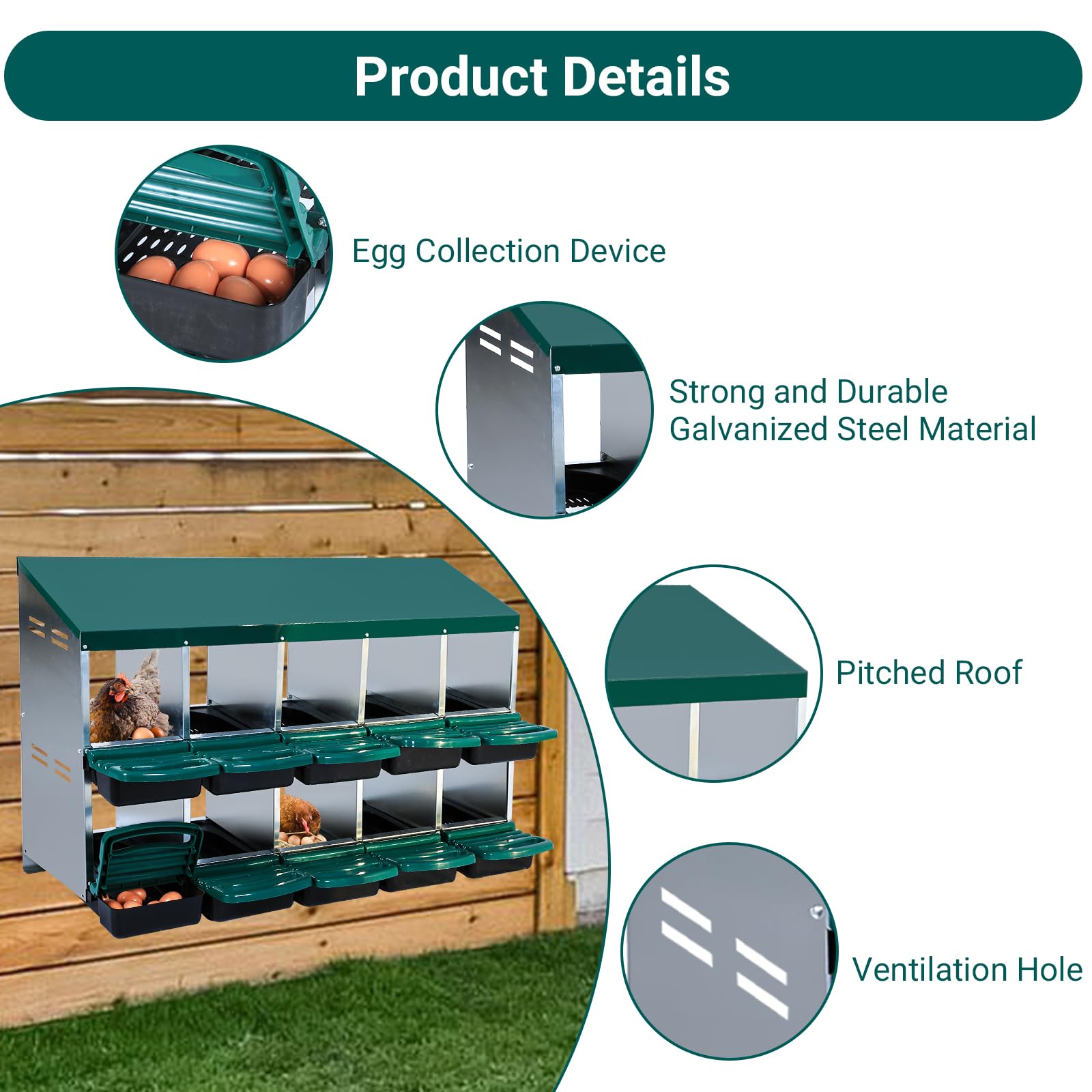 Garvee Nesting Boxes for Chickens, 10 Compartment Roll Away Nesting Box with Egg Collection, Perch, Lid Cover for Egg Protection, Wall Mount/Free Standing Nest Box for Chickens