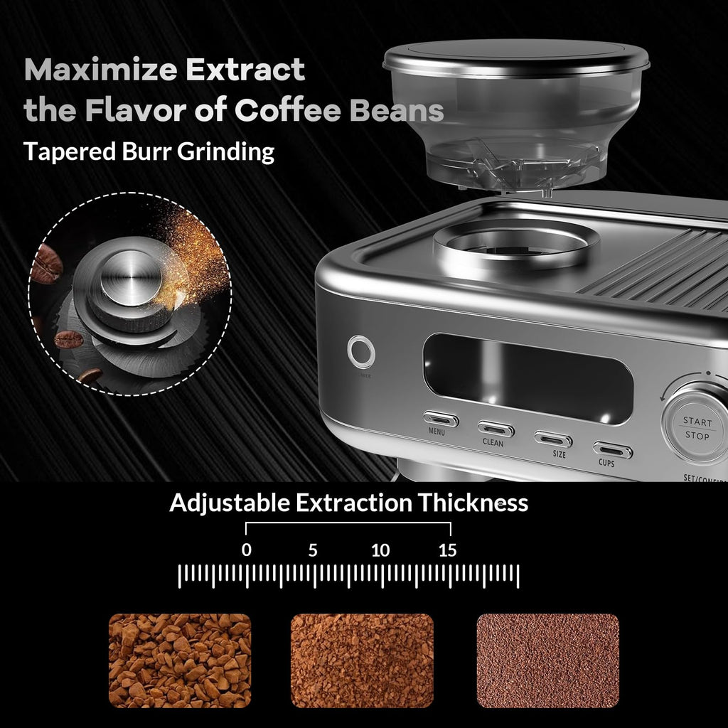 GARVEE 15-Bar All-in-One Espresso Machine with Built-In Grinder - Professional Coffee and Espresso Maker for Cappuccino and Latte, Semi-Automatic with 77 Oz Removable Water Tank, Silver