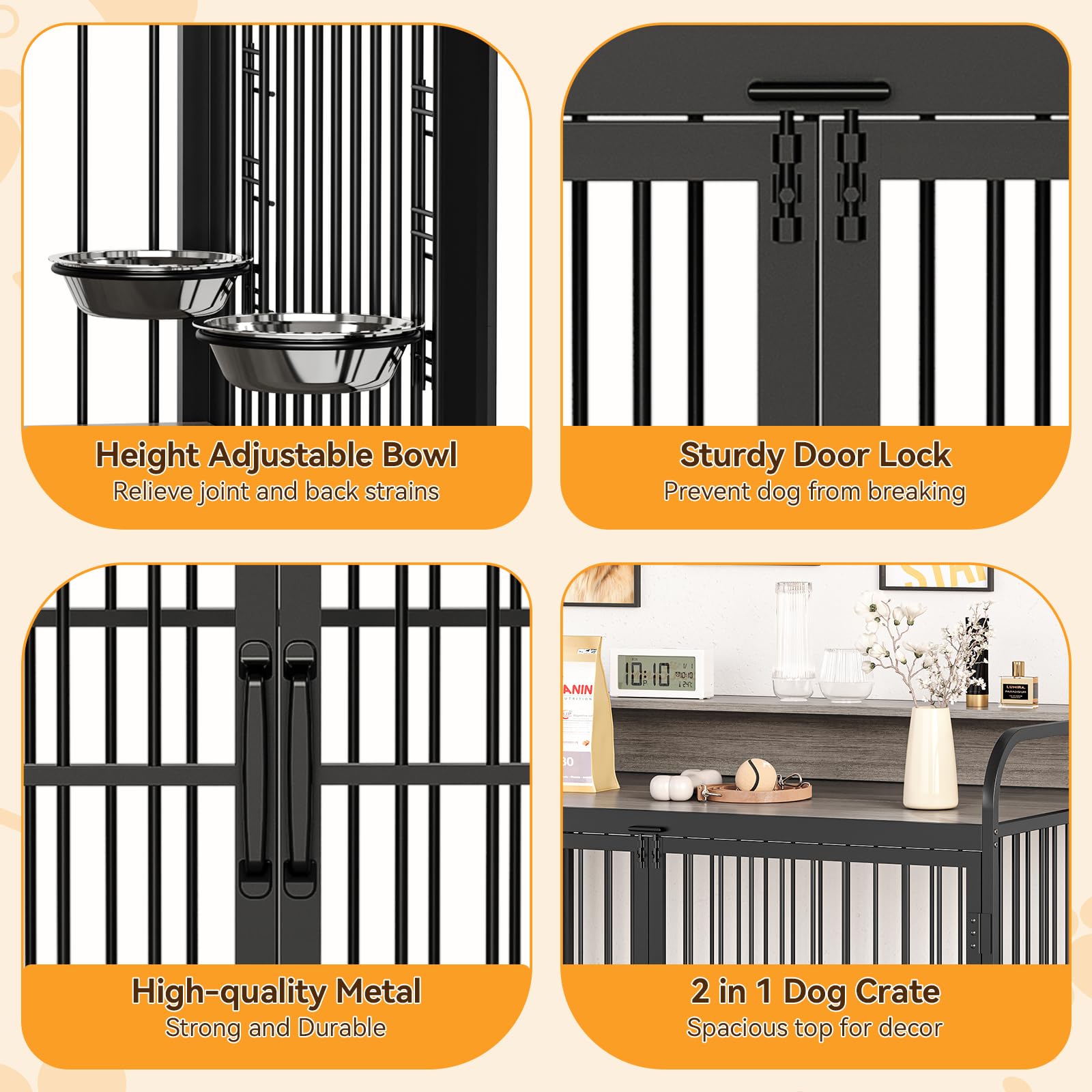 Garvee 48" Dog Kennel Furniture for Large Dogs,Large Dog Crate, Wooden Heavy Duty, Dog Crate Indoor with Adjustable Height Bowls, 48" L X 29.9" W X 44.3" H,Grey