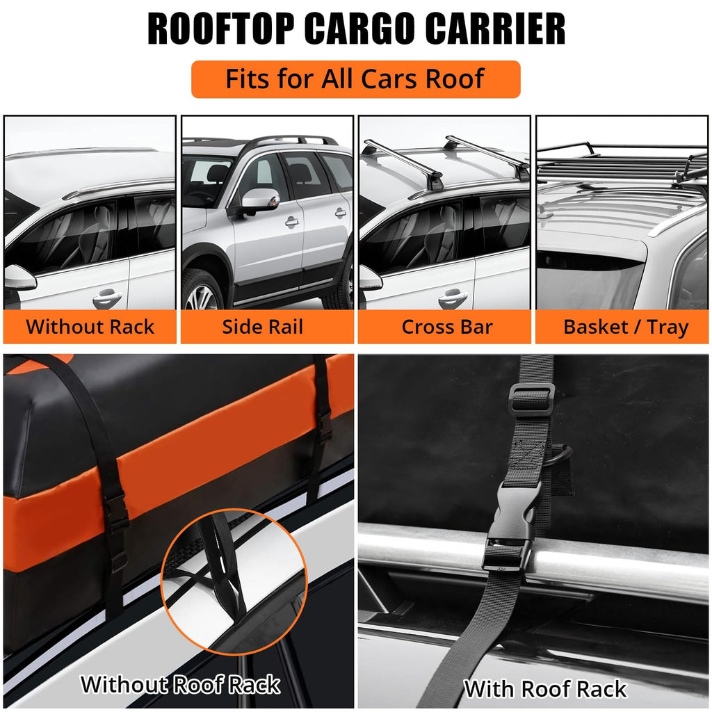 Garvee Car Rooftop Cargo Carrier Waterproof Bag, 15 Cubic Feet, Extra Durable Roof Rack Cargo Bag with Waterproof Zipper, 8 Reinforced Straps, 4 Door Hooks and Luggage Lock