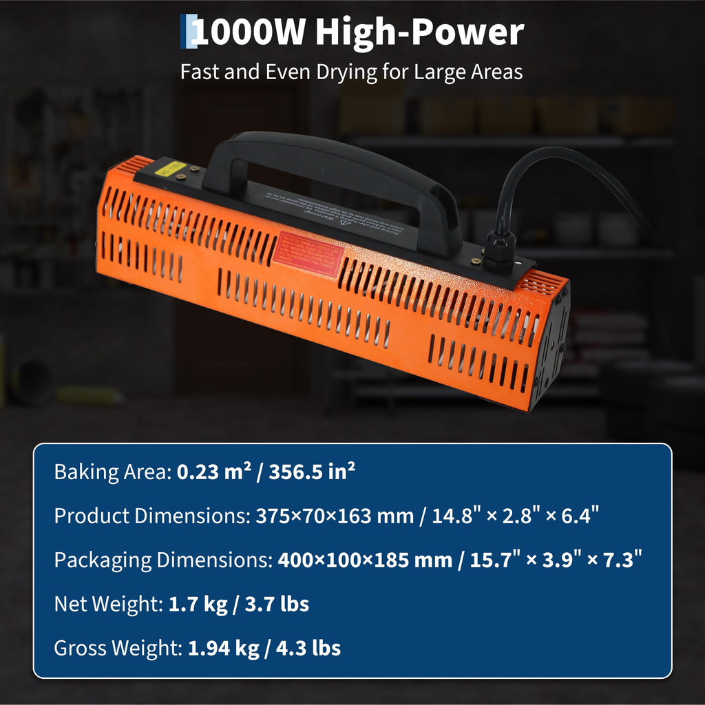 Garvee Professional 1000W Infrared Paint Curing Lamp Handheld Short Wave Heater for Automotive Spot Repair Large 0.23m² Area Lightweight Fast Drying