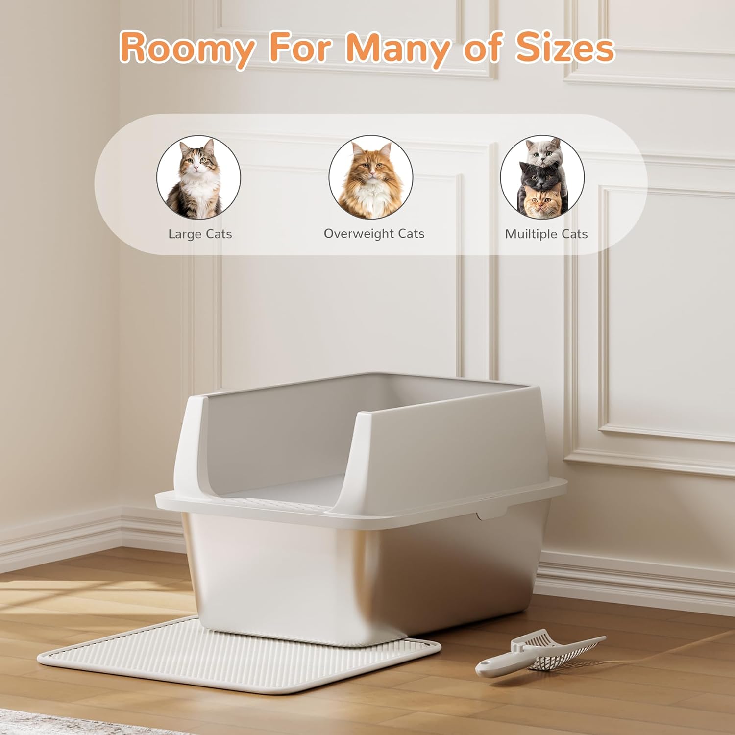 Garvee Stainless Steel Litter Box, Large Open Cat Litter Box for Big Cats, Metal Cat Box with High Sided Enclosure & Scoop Litter Mat, Odor Free, Anti-Leakage, 12"H
