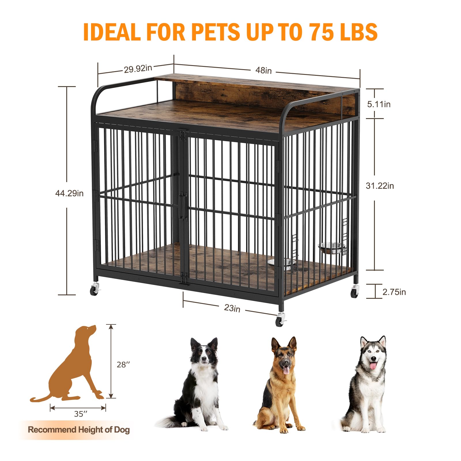 Garvee Heavy Duty Dog Crate Furniture, Wooden Dog Crate End Table with Adjustable Height & 360° Rotating Feeder, Dog Kennel Indoor, Small