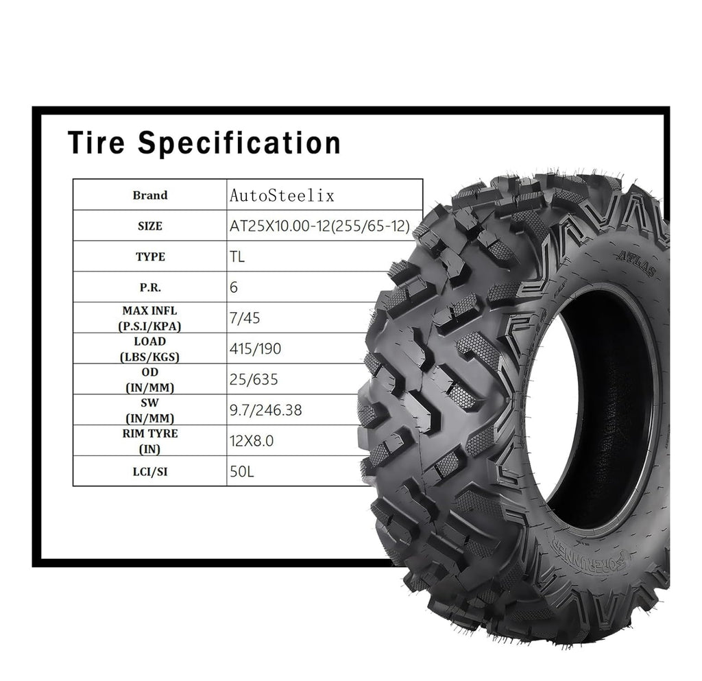 Garvee ATV UTV All-Terrain Tires, Set of 4, 25x8-12 Front & 25x10-12 Rear, Tubeless, 6 PR, Black