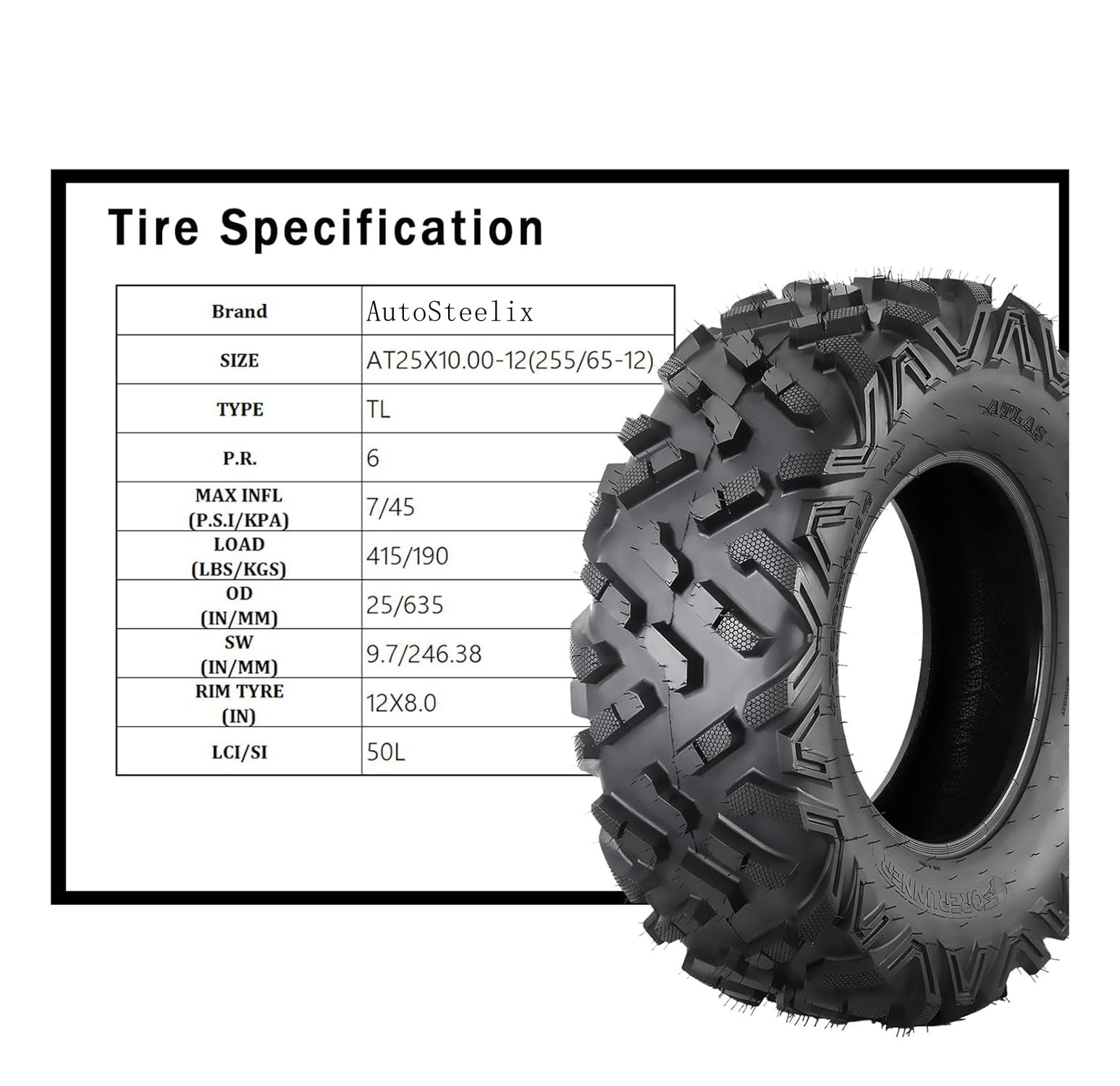 Garvee ATV UTV All-Terrain Tires, Set of 4, 25x8-12 Front & 25x10-12 Rear, Tubeless, 6 PR, Black