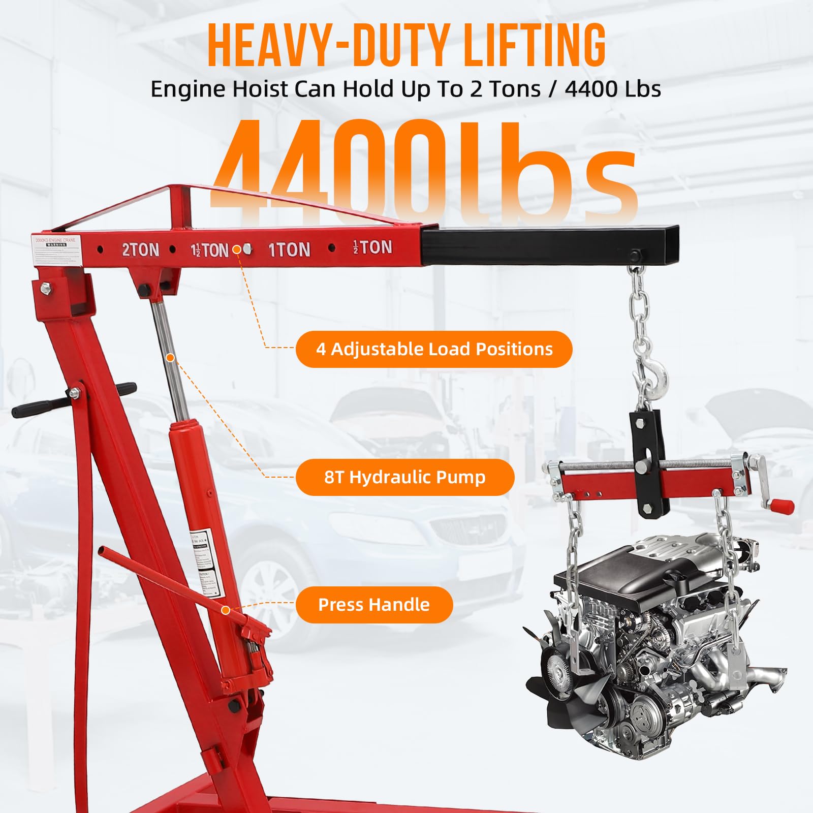 Garvee 2 Ton Folding Hydraulic Engine Hoist with Lever, Folding Engine Shop Crane Hoist Lift, Heavy Cherry Picker with 6 Wheels for Garage, Workshop,Red