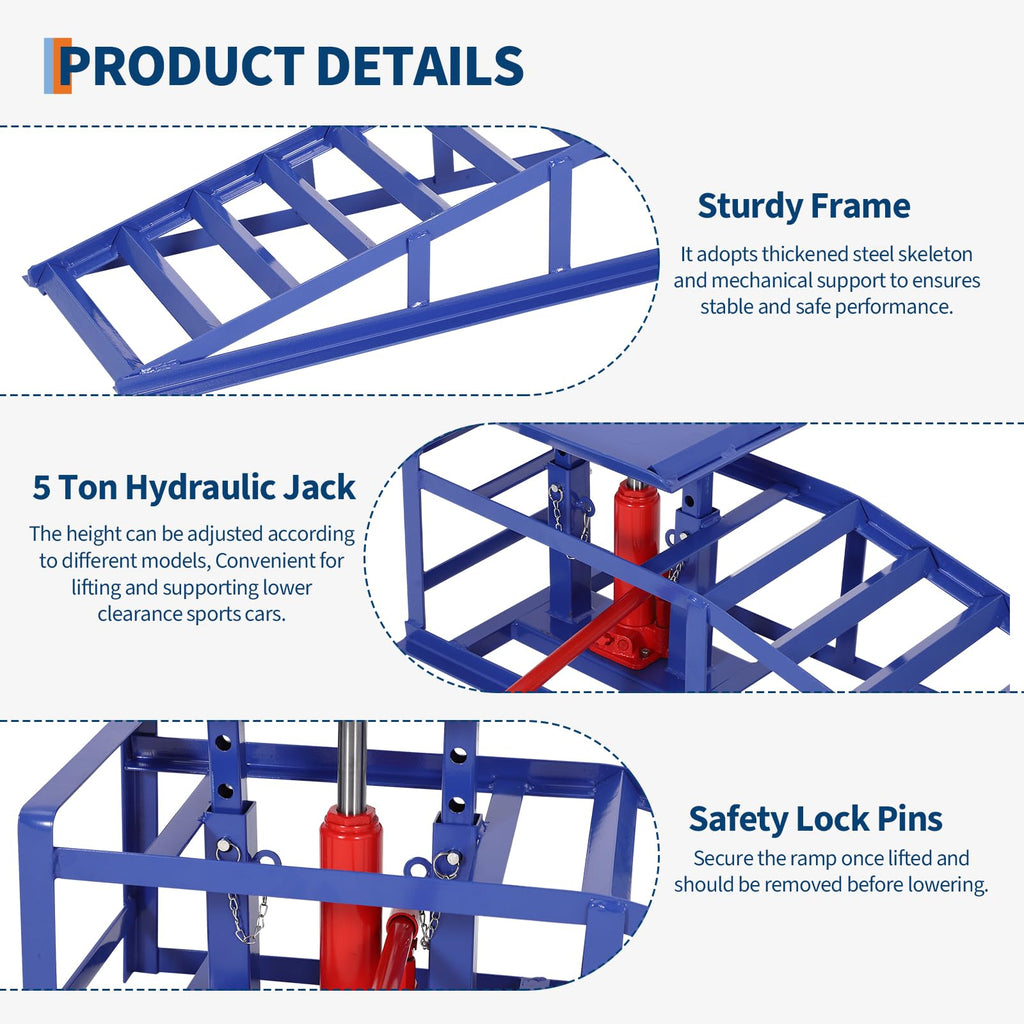 Garvee 2-Pack Hydraulic Car Ramps, 5T/11000 lbs Capacity Low-Profile Car Lift with Adjustable Height (9.4"-13.34") for Trucks, Trailers, and Auto Repair in Garage, Blue