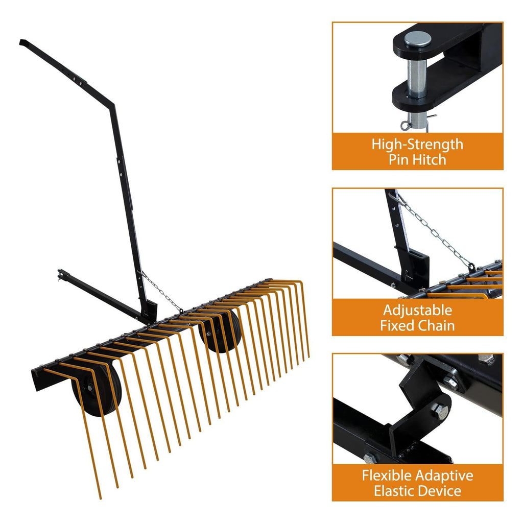 Garvee 60 Inch ATV Tow Behind Durable Corrosion Resistant Steel Pine Straw Rake, Landscape Rake, Dethatcher Rake for Tractor