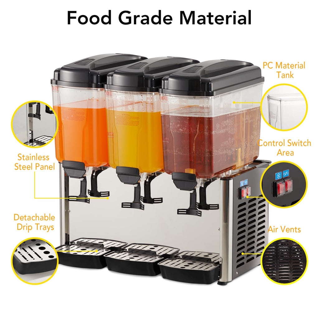 GARVEE 54L (14.4 Gallon) Commercial Juice Dispenser, 3 Tanks 350W, Stainless Steel Beverage Dispenser for Tea, Drink, Restaurant
