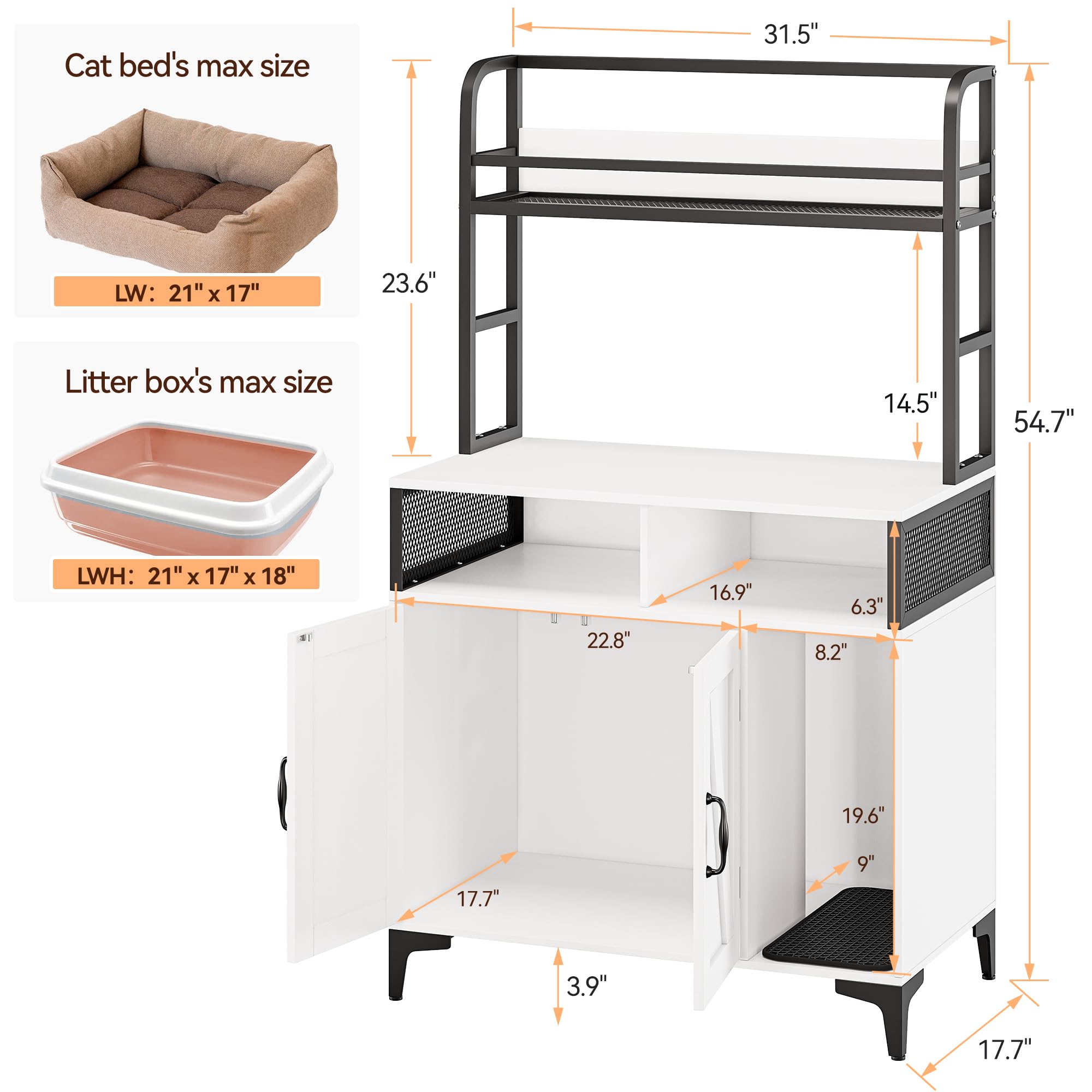 Garvee Hidden Cat Litter Box Enclosure Furniture with Shelf Storage,Litter Box Furniture,Sturdy Cat Washroom,Indoor Wooden Cat House Storage, White