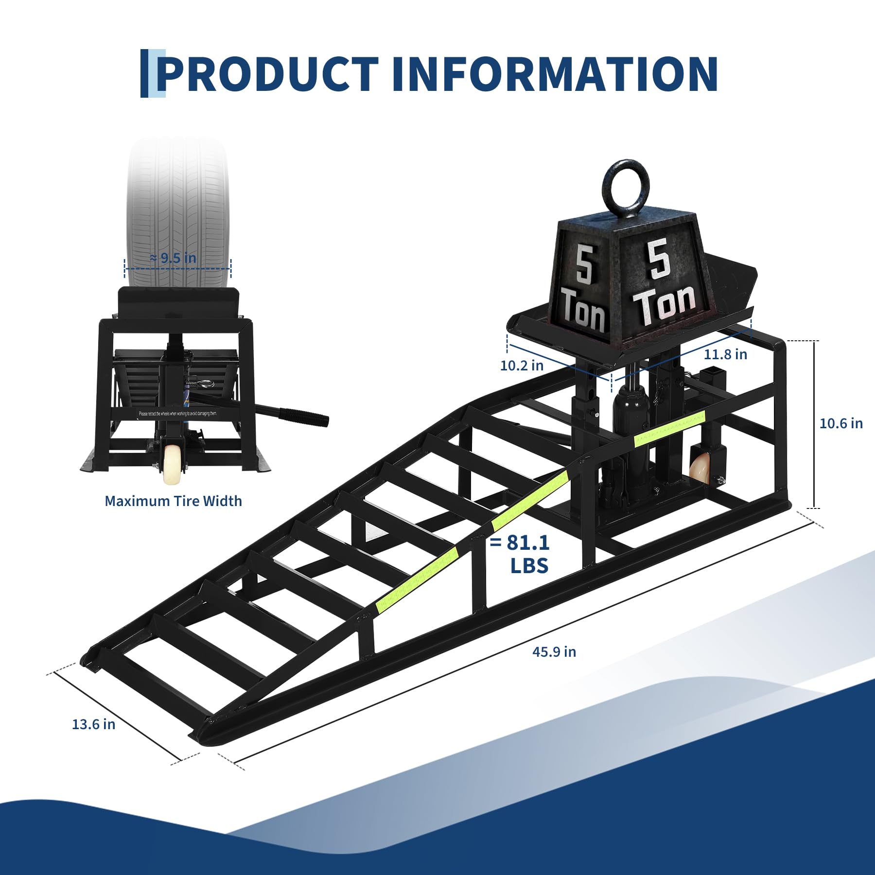 Garvee 2-Pack Hydraulic Car Ramps with Wheels and Reflective Stickers, 5-Ton (11023 lbs) Capacity Ramps with Jacks for Home Garage Auto Repairs and Oil Changes, Blue