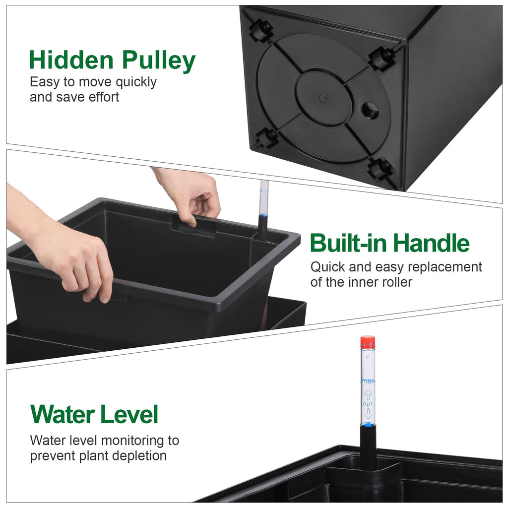 Garvee 30" Tall Planters Set of 2 - Heavy Duty Indoor/Outdoor Pots with Drainage Holes, Water Level Monitor & Automatic Watering, Black