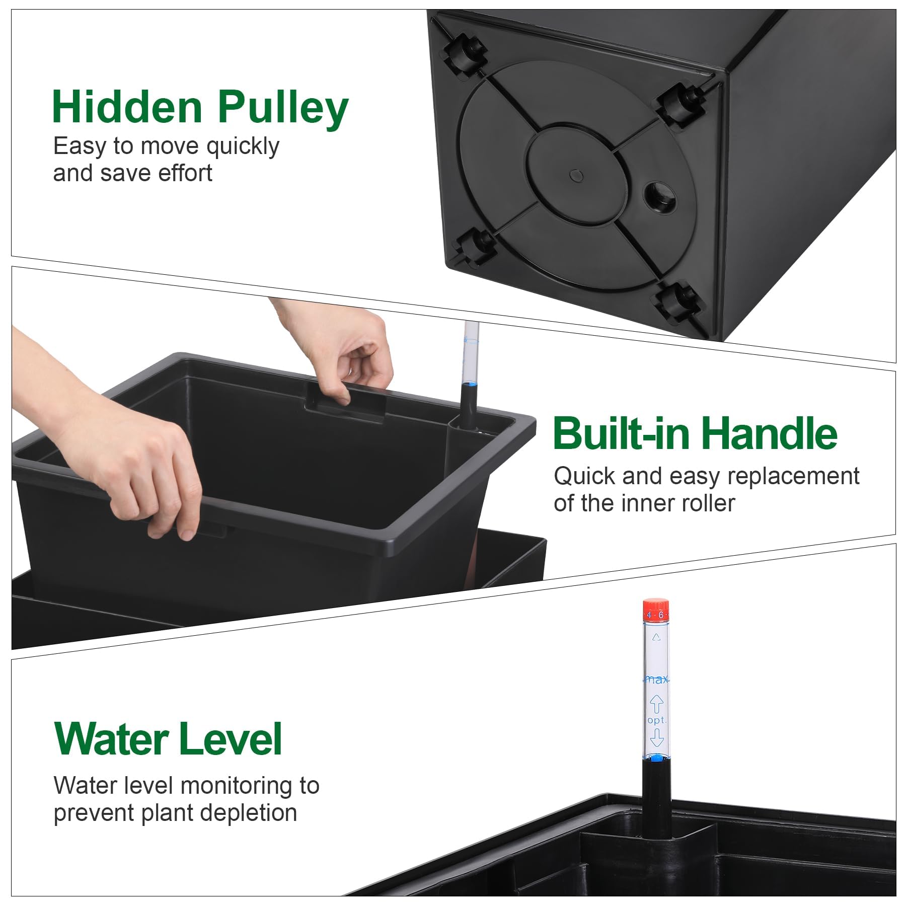 Garvee 30" Tall Planters Set of 2 - Heavy Duty Indoor/Outdoor Pots with Drainage Holes, Water Level Monitor & Automatic Watering, Black
