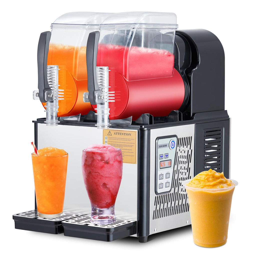 Garvee Commercial Slushie Machine 4Lx2 Stainless Steel 300W Self-Cleaning Double Tank for Home Coffee Shop Restaurant
