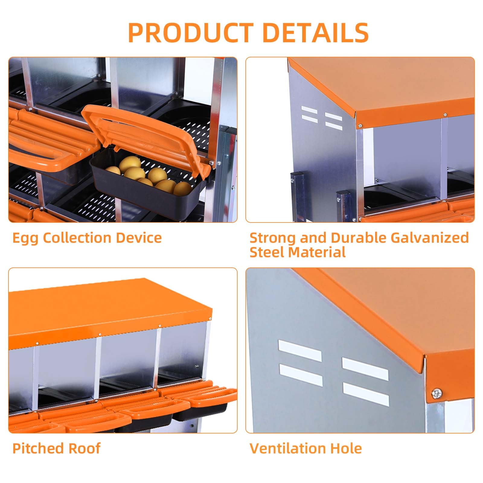 Garvee Chicken Nesting Box 8-Hole Roll Away Egg Laying Box with Lid, Heavy-Duty Galvanized Steel, Orange, Easy Egg Collection & Cleaning