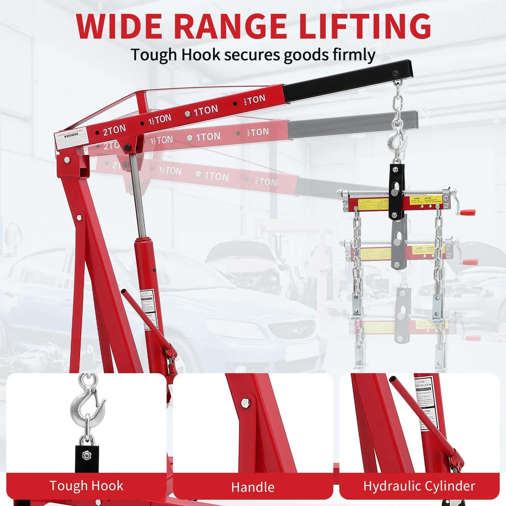 Garvee 2 Ton Engine Hoist Hydraulic Cherry Picker Engine Crane Heavy Duty Folding Shop Crane with 6 Casters for Garage Workshop Red
